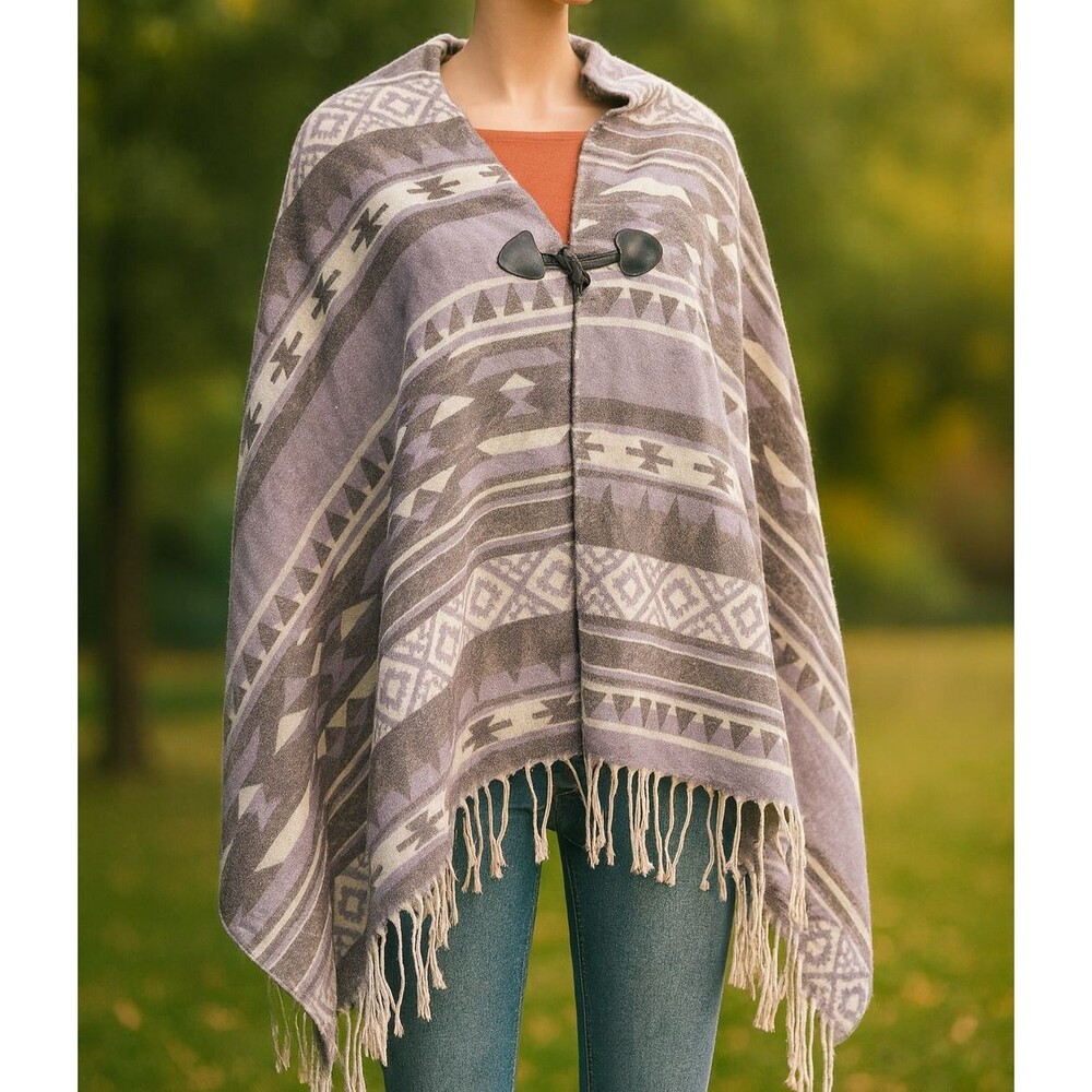 Unbranded Southwest Boho Purple Open-Front Fringe Poncho Wrap – One Size